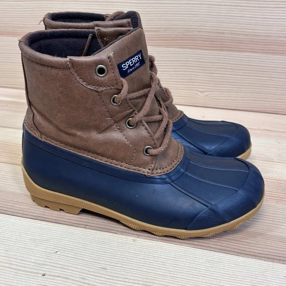 Sperry Boys Kids Port Boots Brown And Navy Sz 1 Youth Waterproof Rain Boots